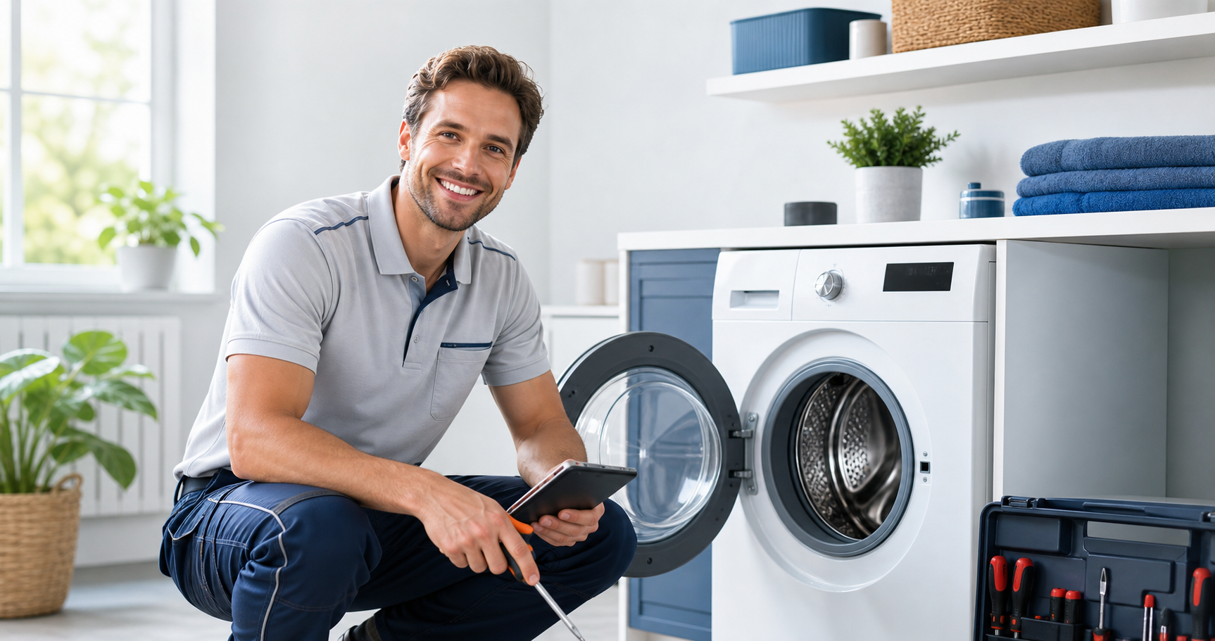 Blije witgoedmonteur naast een wasmachine